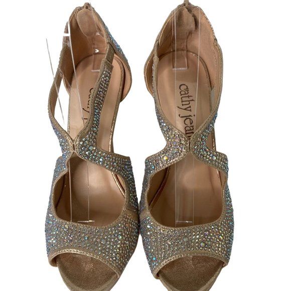 CATHY JEAN METALIC NUDE BEJEWELLED OPEN TOE HEELS  SIZE 7 WITH BOX - Picture 2 of 6